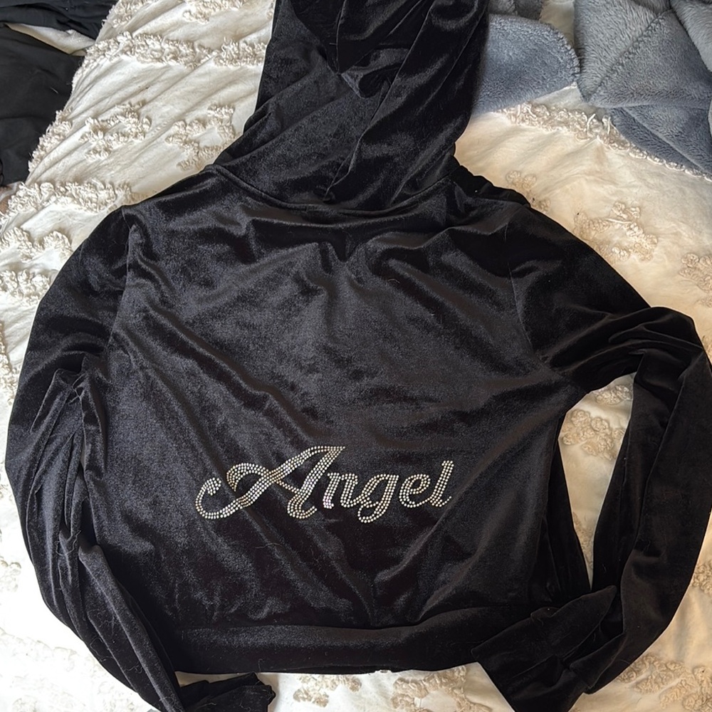 Black Velvet Hoodie with Rhinestone 'Angel'